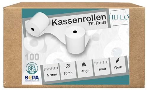 100 x HEFLO 57mm X 30mm, 9m Lauflänge SEPA Thermorollen Kassenrollen EC-Cash Rollen, 48gr., ideal für SumUp Maschinen
