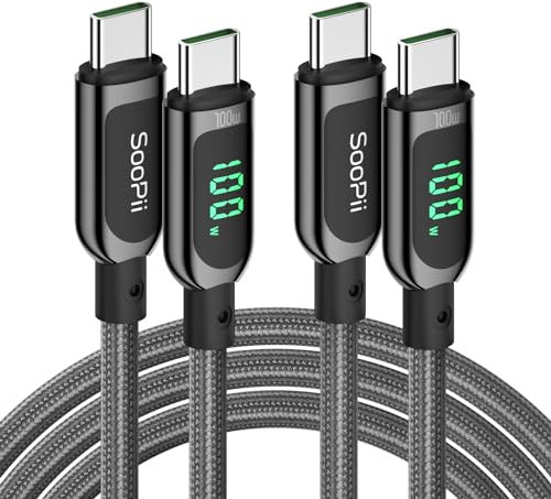 SooPii 100W USB-C-auf-USB-C-Kabel, (3M, 2 Stück) 2Schnellladekabel mit LED-Anzeige, PD 5A Typ-C-Ladekabel für lPhone 15/Pro/Plus/Pro Max, lPad Air, MacBook, Galaxy S23/S22, Pixel, LG (Grau)