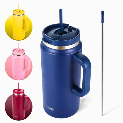 FAHRMOSIS 64 Oz Tumbler with Handle and Straw Half Gallon Water Bottle Stainless Steel Travel Mug for Hot & Cold Drinks, Reusable Water Bottle with Lids and Straw - Navy Blue