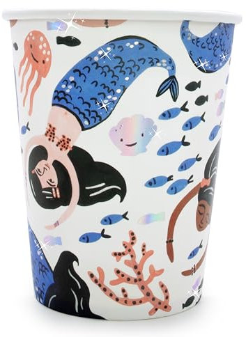 PARTY PARTY 16 glitzernde Meerjungfrau Partybecher mit schimmernden Muscheln, Mermaid Pappbecher Kindergeburtstag Meerjungfrau Geburtstag Deko Mädchen, 220 ml