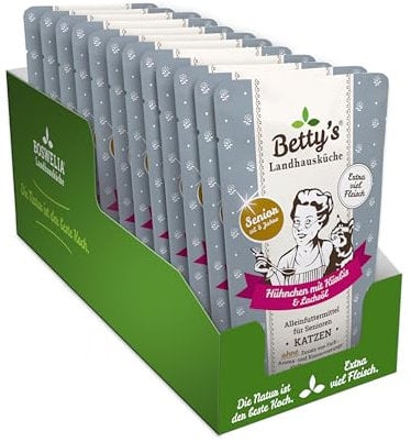 Betty's Landhausküche Senior Frischebeutel Katze Hühnchen mit Kürbis und Lachsöl 100gx12