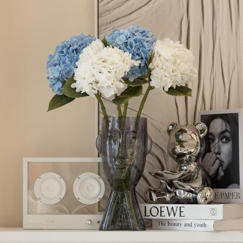 DUYONE 4PCS Künstliche Blumen Große Hortensien Blumen Latex Bouquet für Hochzeit Braut Büro Home Party Dekoration (2Pcs Weiß+2Pcs Blau)