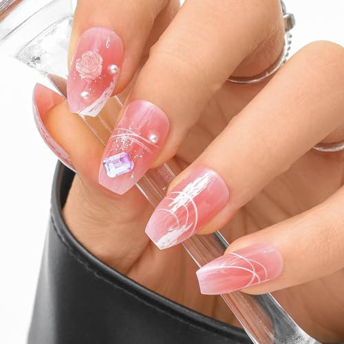 Sethexy Rose Dégradé Ongles pressés 3D Medium Coffin Faux ongles avec dessin 24PCS Brillant Art de la couverture complète Faux ongles pour femmes et filles (6)