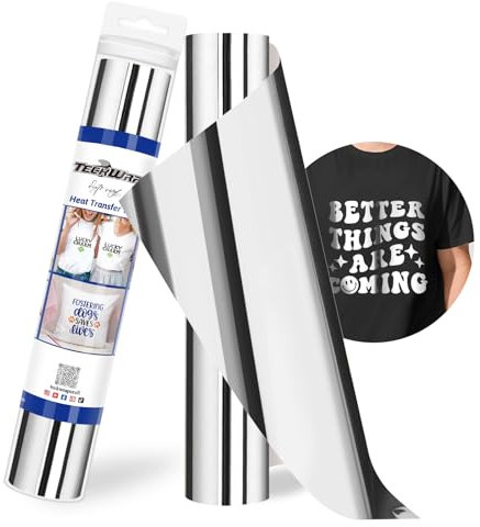 TECKWRAP PU Metallic Heat Transfer Vinyl Roll 12 x 5ft Chrome HTV for DIY Clothing,T-Shirts,Fabric Foil Iron on Vinyl Compatible with Heat Press Craft Cutters,Silver