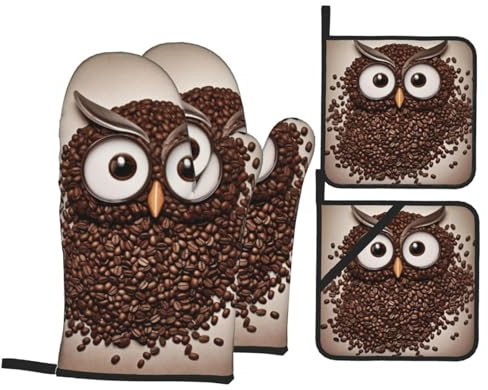 Ofenhandschuhe und Topflappen, hitzebeständig, für Küche, Ofenhandschuh, Kaffeebohnen, Eule, rutschfest, Ofenhandschuhe und Topflappen zum Kochen, Grillen, Backen, Grillen, 4 Stück