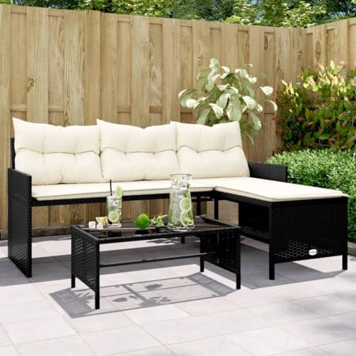 Homgoday Gartensofa in L-Form mit Tisch und Kissen Balkonmöbel Balkonsofa Ecksofa Lounge Terrassensofa Rattansofa Loungesofa Gartenmöbel Sitzgruppe Schwarz und Cremeweiß Poly Rattan