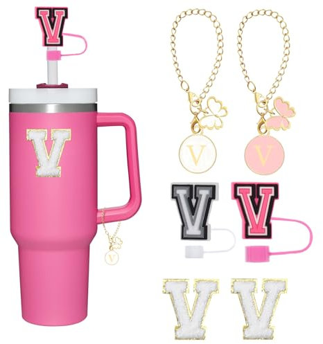 Reusable Straw Cover for Stanley Cup Accessories,2Pcs Dustproof Straw Covers with Letter Charms and Personalized Name Stickers(V)