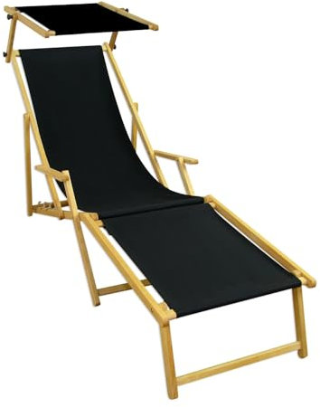 Holz-Liegestuhl, Strandliege mit Zubehör nach Wahl Stoff schwarz V-10-305NFußteil. Sonnendach