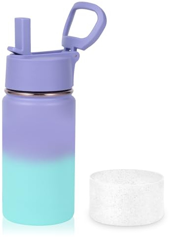 Volhoply Botella de agua de acero inoxidable con aislamiento para niños de 410 ml y 14 oz, a prueba de fugas, con tapa de pajita y tapa de silicona, sin BPA, fácil de usar para niños y niñas, botella