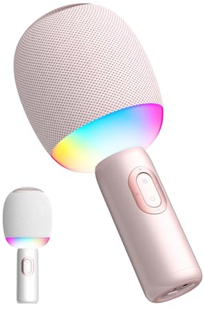 Wireless Bluetooth Karaoke Microphone, 5-in-1 Portable Handheld Mic Speaker with Dynamic RGB Lights, Karaoke Machine for Car Travel Home Party, Music Record, Duet Singing Gifts for Kids Adults(Pink)