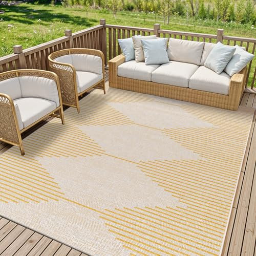 Livabliss Sevilla Indoor Outdoor Rug - Large Boho Rugs for Living Room 200x275 cm Dining, Kitchen Carpet, Patterned Neutral and Coloured Rugs, Waterproof, Stain Durable - Mustard, Ivory
