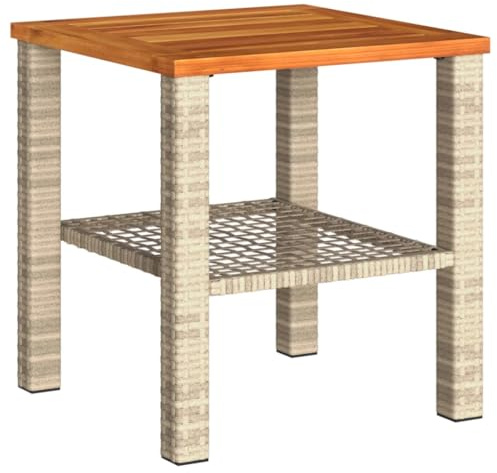 Makastle Polyrattan Beistelltisch mit Holz Tischplatte, Kleiner Couchtish & Kaffeetisch mit, Wetterfest Outdoor Garten Terrasse Balkon Tisch, Beige 40x40x42 cm