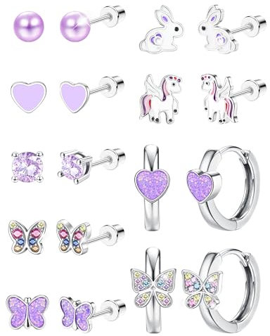 CASSIECA 10 Paar Ohrringe Mädchen Damen Kinder Ohrringe Mädchen Chirurgenstahl Kinder Ohrstecker Herz Blume Schmetterling CZ Ohrstecker Set Hypoallergene Gesundheitsstecker Ohr Piercings