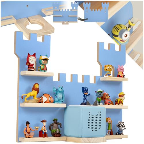tectake® Holz Regal mit Magnetstreifen für Wand Montage, Tonieregal, Wandregal für's Kinderzimmer, Aufbewahrung Musikbox, für Tonies Tonie Hörfiguren und Toniebox - blau