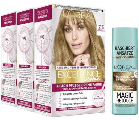 L'Oréal Paris Haarfärbe- und Ansatz-Kaschierset, 3x Permanente Haarfarbe Excellence Creme, Nr. 7.3 Haselnussblond und 1x Ansatz-Kaschierspray Magic Retouch, Dunkelblond–Hellbraun, [Amazon Exclusive]