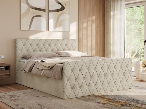 MKS MEBLE Boxspringbett 160x200 cm Miren Duo – Bett mit Bettkasten & Kopfteil, Ziernähte/Steppung – 2× 7-Zonen Taschenfederkern Matratze H4 mit Topper T25 – Beige Velvet