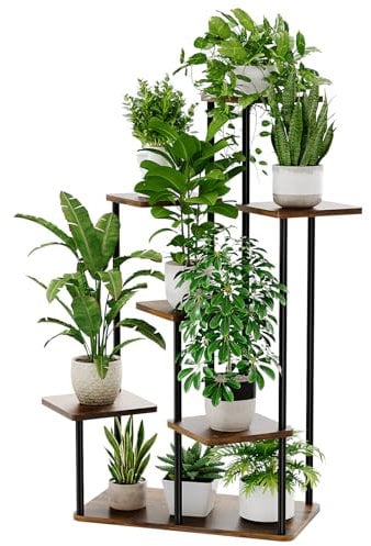 Bamworld Pflanzenständer Blumenständer 7 Etagen Metall Schwarz Pflanzenregal Outdoor Blumenregal Indoor Großer Blumenständer für Terrasse, Garten, Balkon, Wohnzimmer, Schlafzimmer (braun)