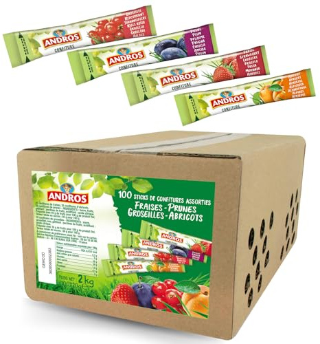 ANDROS - 100 sticks de confiture individuelle 20 g assorties - 4 parfums | Confiture individuelle fraise, prune, groseille, abricot - petit déjeuner, hôtel, gîte, restauration, lunch box et bureau