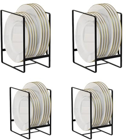 SHYICHENG Plate Rack Organiser 4 Pack, Metal Vertical Dish Storage Holder for Kitchen Cupboard Cabinet Countertop, Rustproof Plate Drying Stand for Bowls Plates Lids, 2 Sizes Included, Black