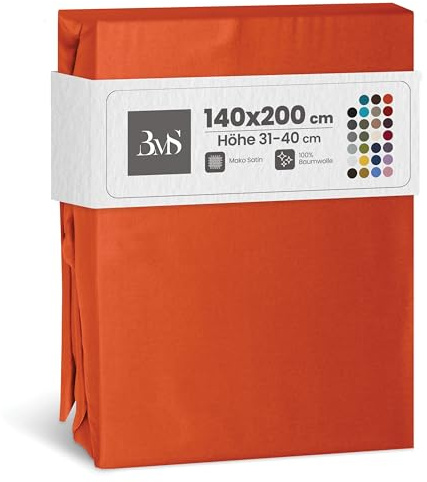 Bettwaesche-mit-Stil Mako Satin Spannbettlaken Spannlaken Spannbetttuch (140x200 cm, Matraztenhöhe Höhe 31-40 cm, Orange)