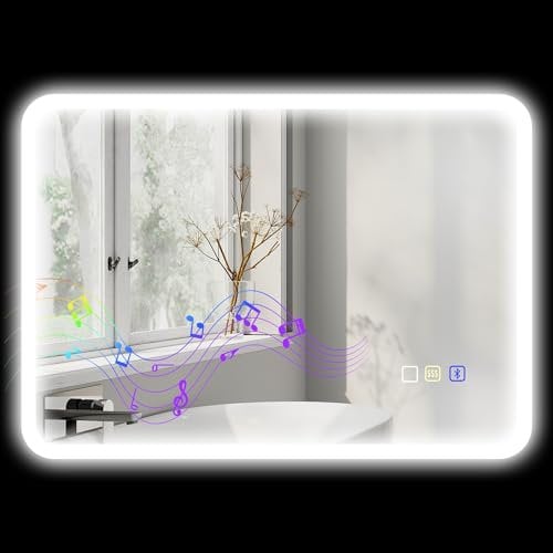 HOMCOM Espejo de baño Bluetooth 50 x 70 cm, espejo de baño iluminado de pared con iluminación LED, interruptor sensible al tacto, luz ajustable de 3 colores, antivaho, memoria -