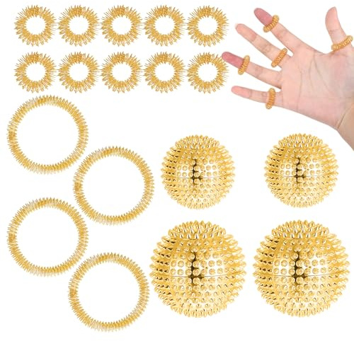Skills Borderline Set mit 4 Igelball in 32mm und 47mm Kugeldurchmesser, Plus 10 Akupressur Ring und 4 Akkupressurarmbänder, Massagebälle können zur Massage von Rücken, Beinen, Händen(Gold)