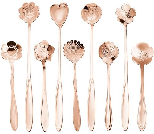 FUAAOLIY Flower Spoon Set, 9PCS Coffee Teaspoon Stainless Steel Tea Spoon Reusable Coffee Sugar Stirring Ice Cream Dessert Spoons for Tea Party Decorations Cake Tea Scoops (Rose Gold)