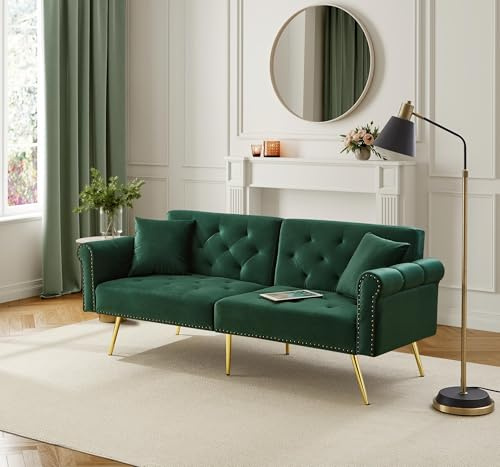 Divano letto moderno a 2 posti, fodera in velluto, schienale regolabile a 3 livelli e gambe in metallo dorato con funzione di riposo, salvaspazio, 173 x 75 x 70 cm (verde)