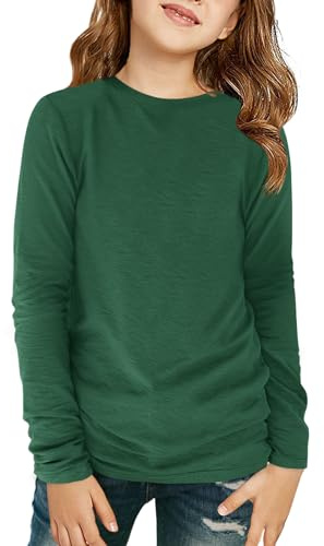 Haloumoning Girls Long Sleeve Shirt Autumn Plain Tops, Dark Green, 11-12 Years