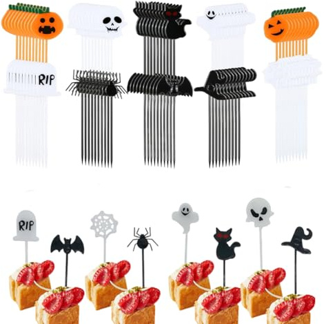 NOPKESV Set di decorazioni per Halloween, 100 pezzi, accessori e addobbi halloween, topper per torte, sandwich e cupcake, bandierine e pennarelli per decorazioni halloween casa per feste