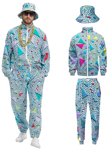 rumnigh Tuta Hip Hop Retrò da Uomo anni '80 '90, Tuta da Jogging Elegante anni '80 Tuta Sportiva Include Giacche, Pantaloni e Berretto Adatta per Halloween Carnevale, Verde, XXL