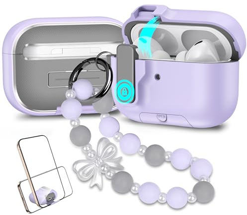 Kompatibel mit AirPods Pro 3 Hülle Magnetischer Deckel Security Lock Automatische Pop-up Schutzhülle für AirPods Pro 3.Generation Case Cover mit Handschlaufe Lila