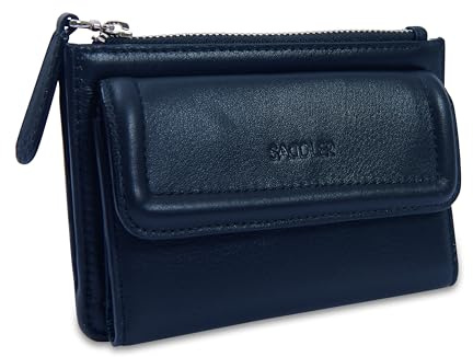 SADDLER Marion Women's Leather Trifold RFID Blocking Wallet - Navy | Includes a zipped coin purse, floral lining, and YKK metal zippers; tissue-wrapped in a presentation box ready for gifting.