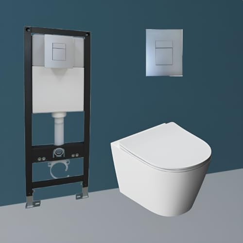 Durovin Bathrooms Modern Streamline Wall Hung Toilet Pan with 1.16M Concealed Cistern Frame (Toilet with Cistern Frame)