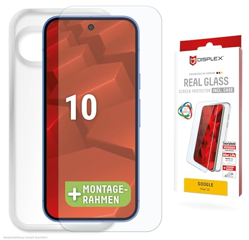 Schutzglas + Schutzhülle für Google Pixel 10 (10H), Eco-Montagerahmen | DISPLEX Real Glass + transparente Schutzhülle, 10H Panzerglas, Bruchschutz, extra-harte Kanten, kratzfest, Anti-Shock