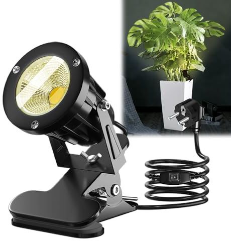 Jonuin LED Spot Klemmstrahler mit Stecker & Schalter, 7W COB LED Strahler mit Klemme, 3M Kabel, IP65 Wasserdicht, Spotlight für Innen & Außen, Pflanzen, Terrasse, Rasen und Akzentbeleuchtung(Warmweiß)