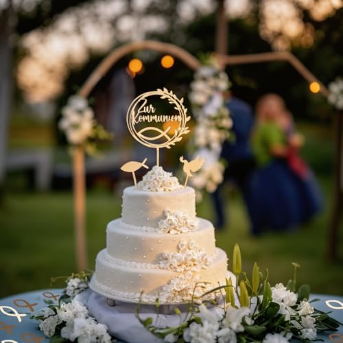 39 Stück Tortendeko Kommunion Holz Set - Konfirmation Deko Torte Fisch & Taube - Cake Topper Kommunion Tortenstecker für Jungen Mädchen - Rustikale Tortendeko Konfirmation & Taufe