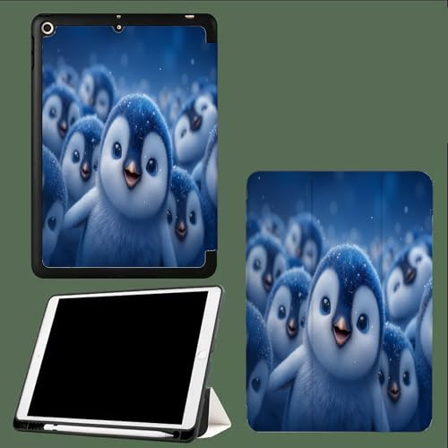 Hülle für iPad 10,2 Zoll 2021/2020/2019 (9./8./7. Generation) mit Stifthalter, Tablet Schutzhülle mit Weicher TPU Rückseite, Auto Wachen/Schlafen Lächelnder Pinguin 3D-Cartoons Tiere-Blau
