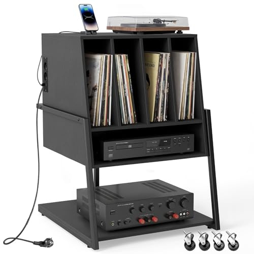 COSTWAY Meuble Platine Vinyle avec Prise, Meuble Rangement jusqu'à 180 Vinyle, 4 roulettes Inclus, Étagères, 5 Compartiments, Support Tourne Disque pour CD, DVD, Manga, Livres(avec Prise,Noir)