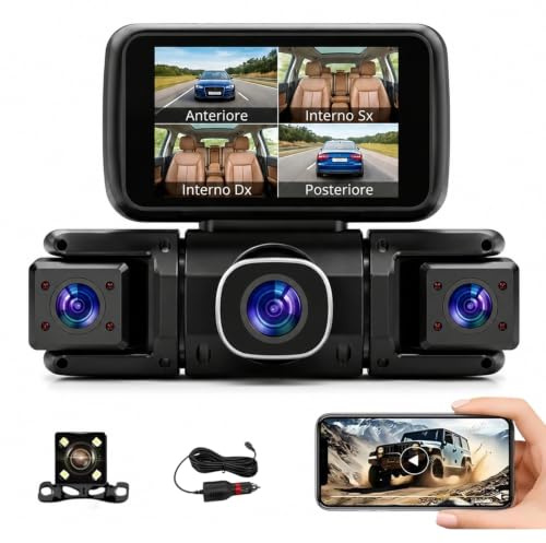 Carvid Dash Cam, telecamera da cruscotto Full HD a 4 canali da 3, con visione notturna a infrarossi, schermo IPS HD, connettività WiFi e smartphone