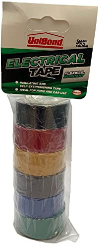 UniBond Cinta aislante aislante multipack /cinta adhesiva en amarillo/verde, negro, blanco, azul, rojo y marrón/6 x 19 mm x 3,5 m (los colores pueden variar)