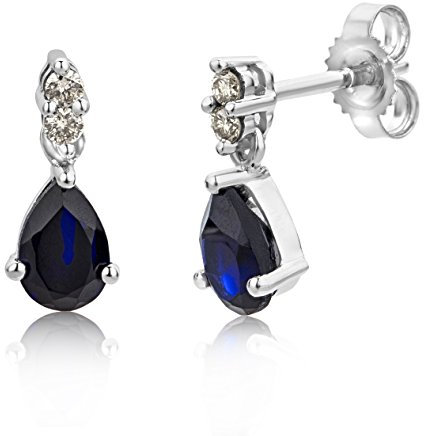 Miore Ohrringe Damen 0.08 Ct Diamant tropfen Ohrhänger mit Edelstein/Geburtsstein Saphir in blau aus Weißgold 9 Karat / 375 Gold, Ohrschmuck mit Diamanten Brillanten