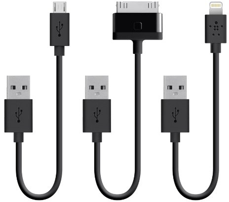 Belkin Triple Pack of 6 inch Charge and Sync Cables (Micro USB + Apple 30 Pin + Apple Lightning) for iPhone/iPad/iPod/Samsung and Universal Smartphones and Tablets (MFI Approved) - Black