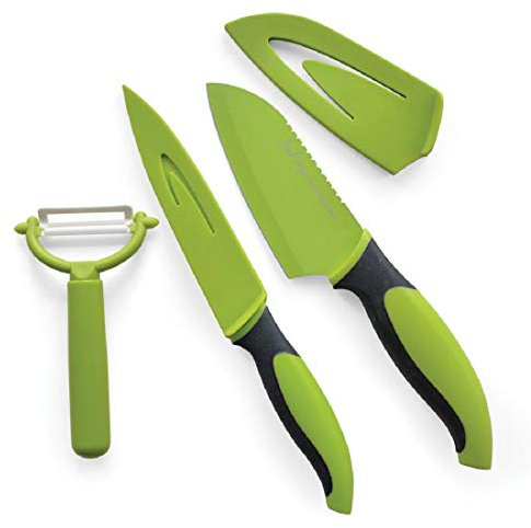 Jean-Patrique 3 Piece Chef’s Knifes Non-Stick Green & Black Prep Set, Kitchen Essential Tools with a Free Peeler