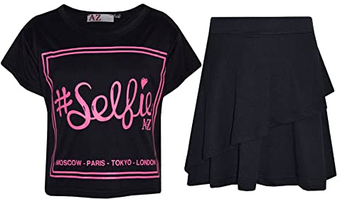 A2Z 4 Kids Girl Tops Kid Comic Graffiti #Love Paris NYC #Selfie Crop Top T-Shirt - New #Selfie Black Top Fril Skirt 13