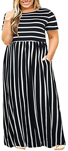Nemidor Women Short Sleeve Loose Plain Casual Plus Size Long Maxi Dress with Pockets (24, Black Stripe)