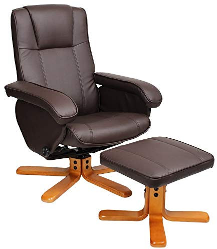 EVRE Armchair With Foot Stool & Reclining Functions Swivel Padded Faux Leather or Fabric (Brown, Faux Leather)