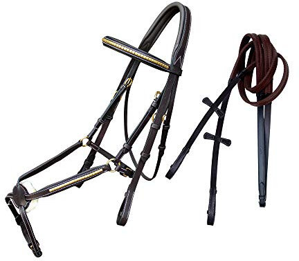 Exion Premium Trensenzaum aus englischem Leder, Figur 8, mit silbernem Drahtreifen und Stirnband, weich gepolstertes, anatomisches Kronenstück, Gummizügel und Messingschnallen, verstellbare Passform