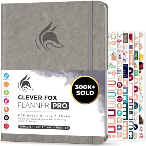 Clever Fox Planner PRO, Undated Weekly Planner, 21.5x28cm Grey | Large monthly & weekly life planner, undated layout, habit tracker, goal setting, to-do list, 120gsm paper, lay-flat binding