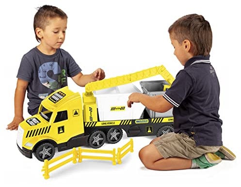 WADER 36470 Magic Truck Tieflader mit Baucontainern, Kran und Absperrgittern, ab 3 Jahren, ca. 79 cm
